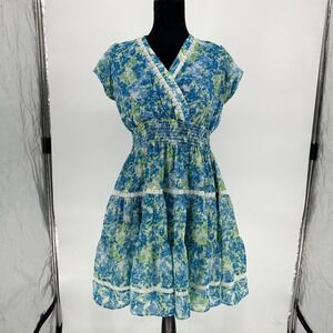 Taylor‎ Blue Green Floral Tiered Smocked Lace Trim V-Neck Babydoll Dress Small